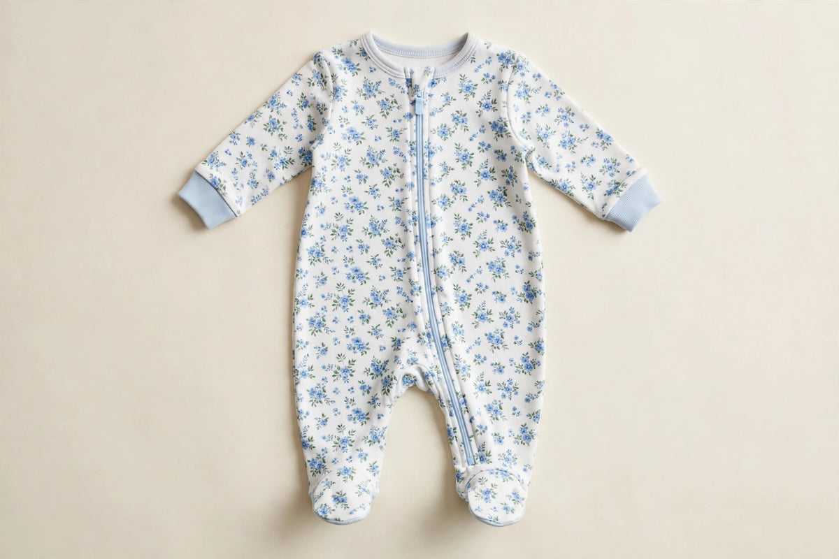 Blue Floral Print Footed Sleeper