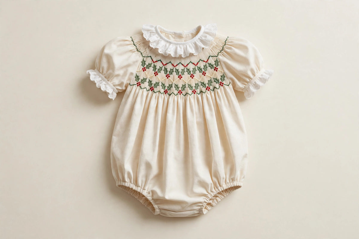 Christmas Holly Smocked Baby Bubble