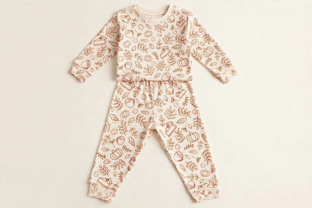Thanksgiving Pumpkin & Pie Pajama Set - Brownish Orange